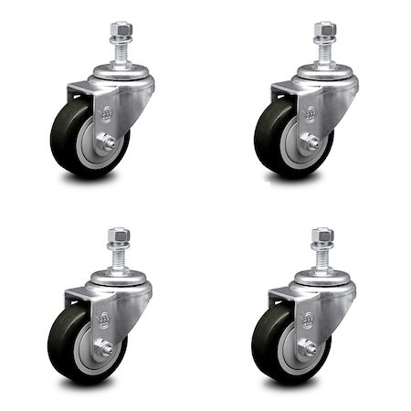 Service Caster 3 Inch Black Polyurethane Wheel Swivel 12mm Threaded Stem Caster Set SCC SCC-TS20S314-PPUB-BLK-M1215-4